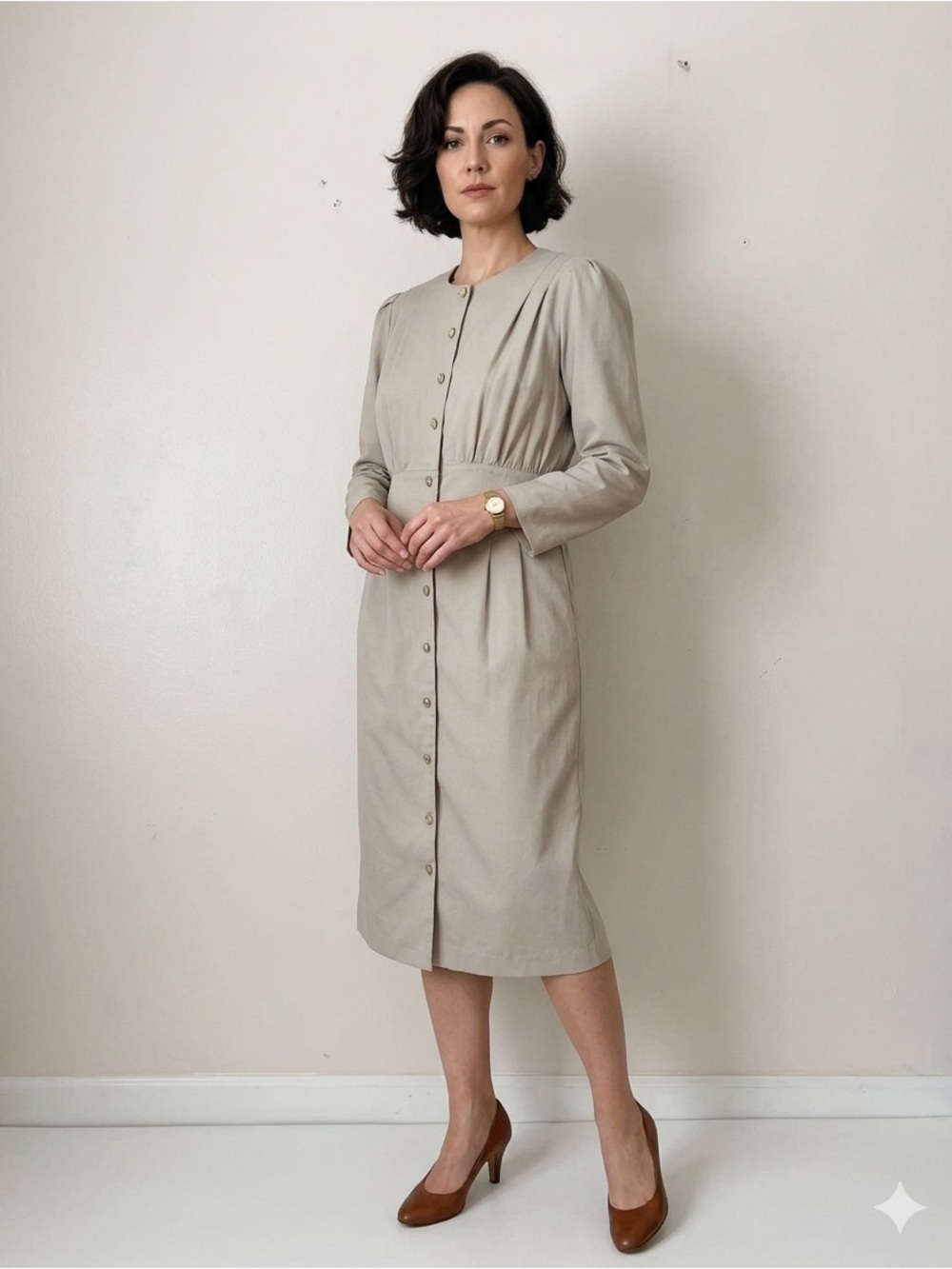 Susan Bennett Dress size 14 Business Career Workwear Buttons Front Beige Midi